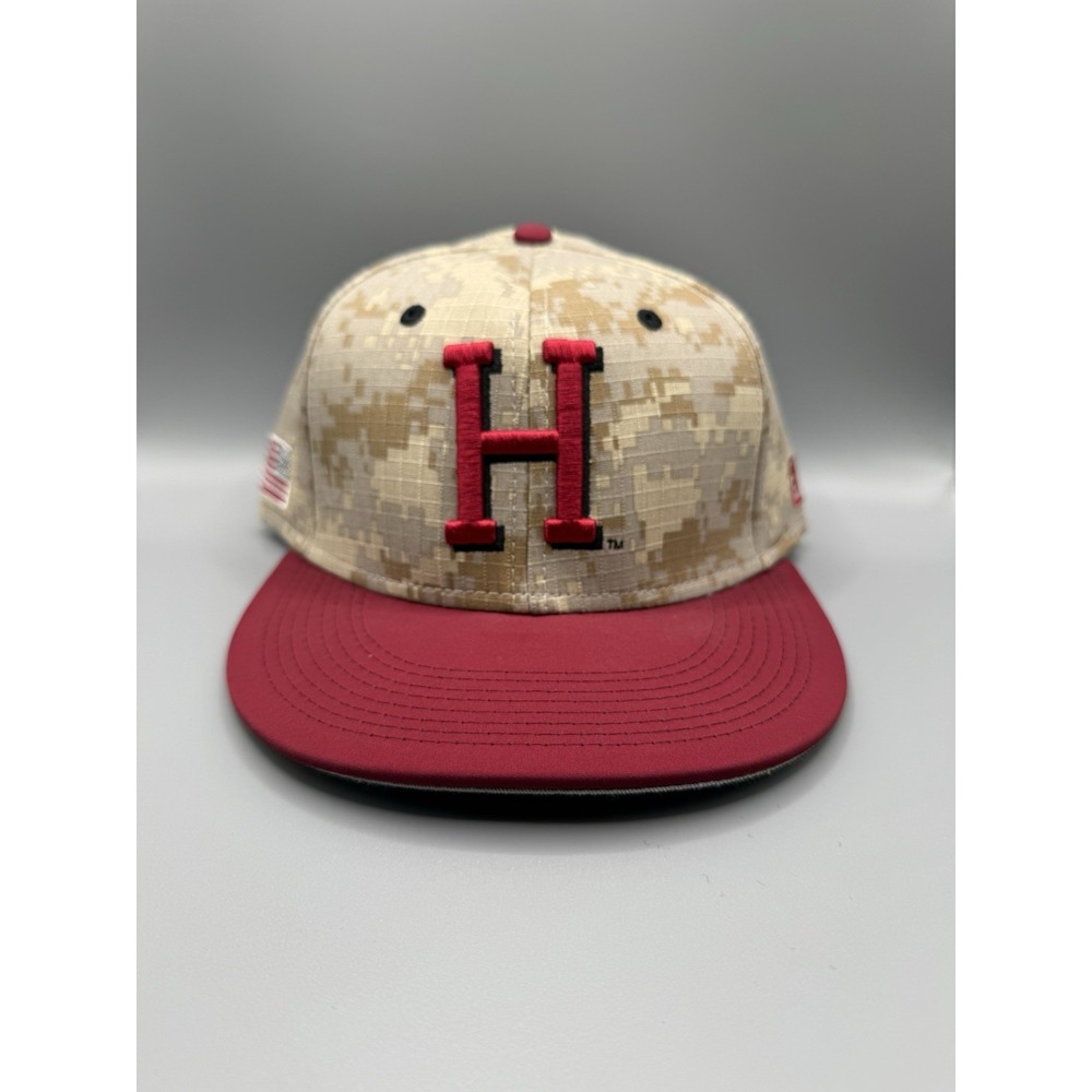Harvard Crimson The Game Pro Flexfit Hat Large Digital Camo Red Brim NCAA Cap